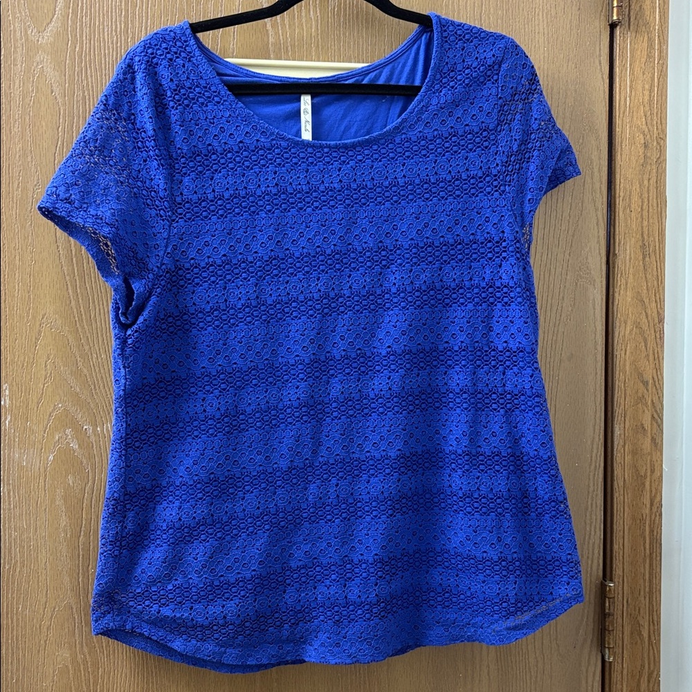Royal Blue Lace Overlay Short Sleeve Shirt
